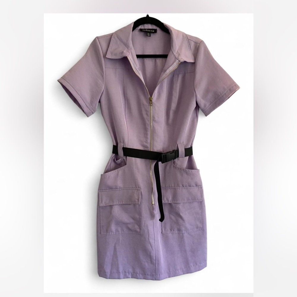 Parisian Lilac Dress with zipper, Black belt Accents and pockets